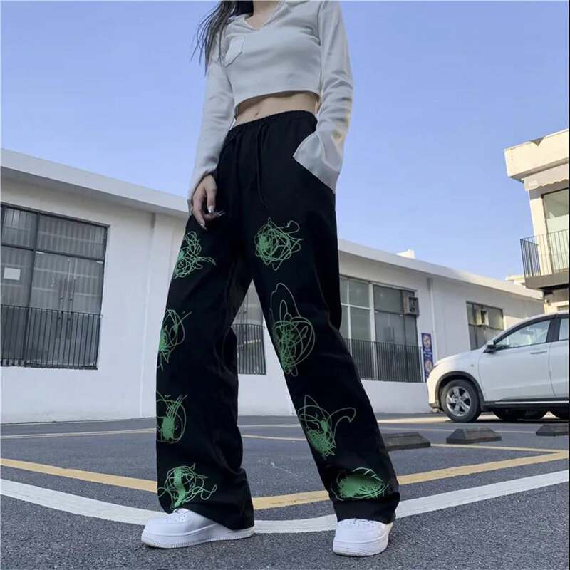 2022 oversized high-waisted wide-leg pants Gothic hip-hop street Harajuku graffiti loose retro straight pants women