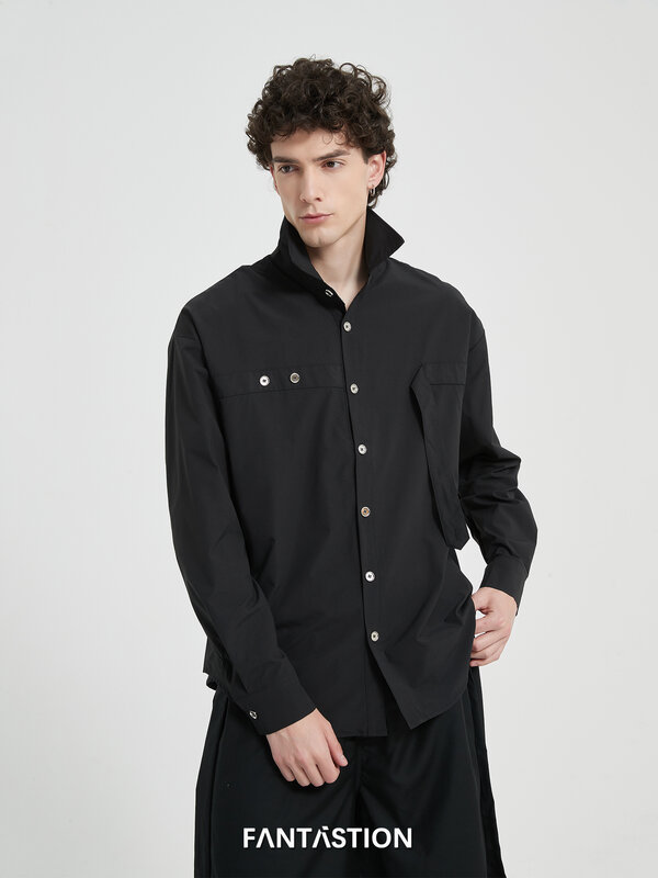FANTASTION-Homens soltos encaixe camisas pretas com fivela, faixa amarrada, luz de luxo, design original, roupas masculinas