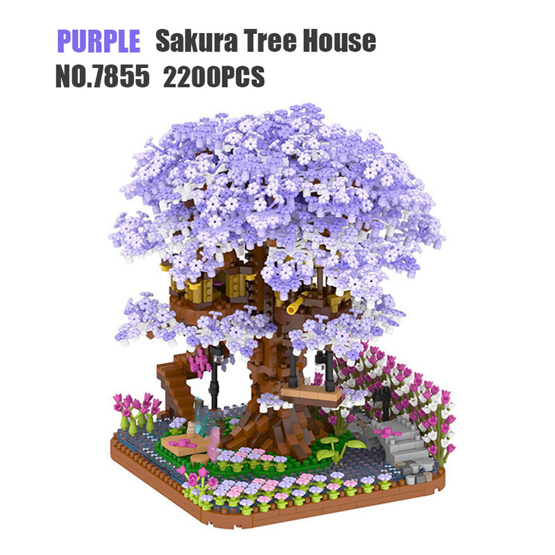 Mini tijolo roxo casa de árvore 3d modelo blocos de construção diy decoração para casa cerejeira montagem da árvore tijolos brinquedo das crianças presente