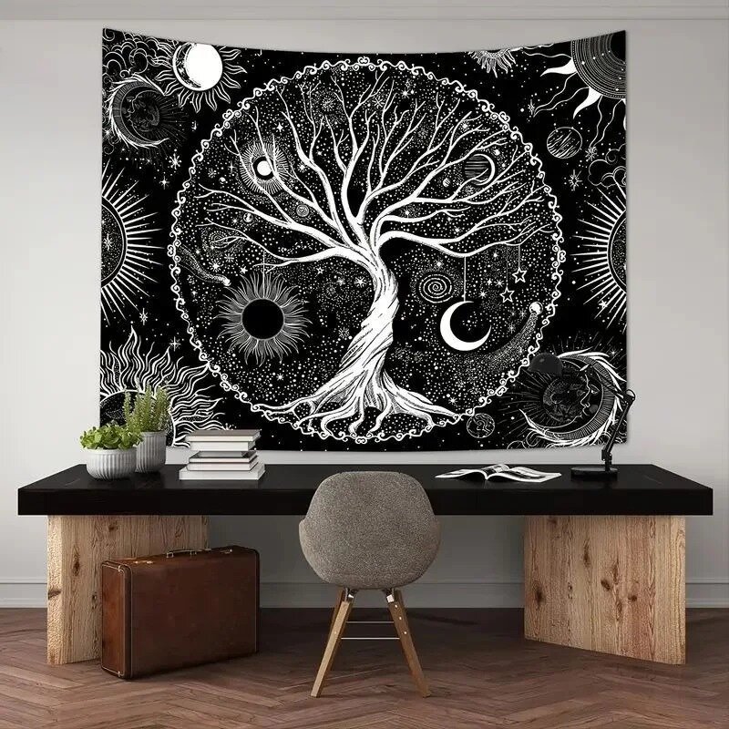 Pohon Kehidupan permadani hitam bulan dan matahari permadani hiasan dinding Psychedelic permadani estetik mistis untuk ruang tamu kamar tidur