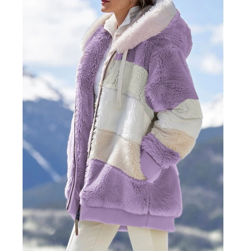Abrigo con capucha y cremallera para mujer, chaqueta gruesa de Cachemira con costuras a cuadros, moda de invierno, 2023