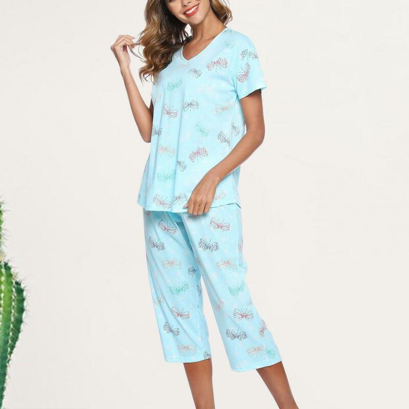 Conjunto de pijama com decote em v feminino, pijama feminino estampado, calças largas, 2 peças Homewear, mãe, avó