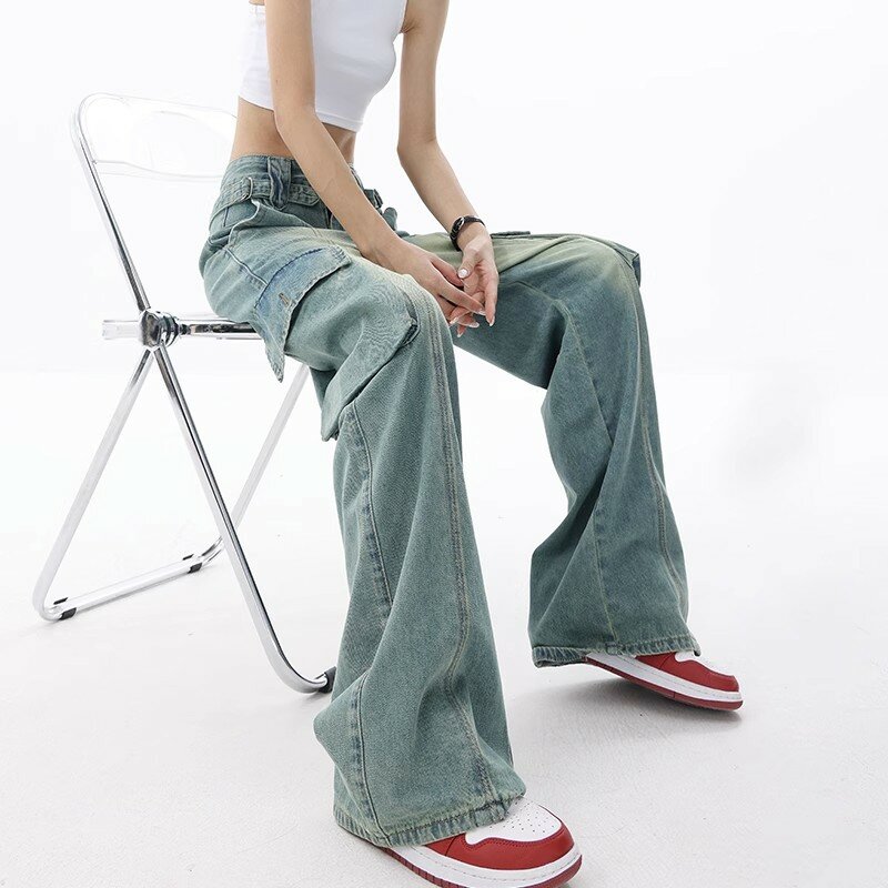 Women Cargo Trousers Straight Cargo Jeans Pants High Waist Vintage Pantalon Streetwear Femme Mujer Multi Pocket Jeans 2023
