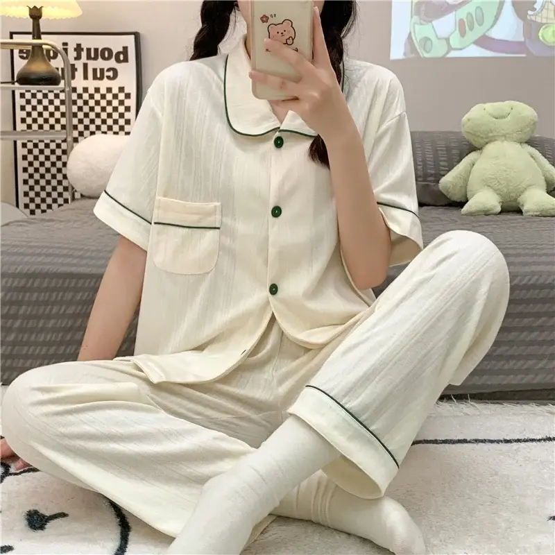 Conjuntos de pijama feminino manga curta, terno de pijama solto, roupa caseira coreana, calças compridas, roupas de casa, verão, outono, 2023