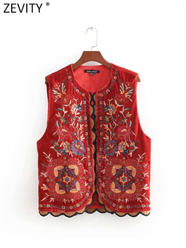 Zevity-Chaleco Vintage con bordado de flores y lentejuelas para mujer, chaqueta de estilo nacional, chaleco informal de terciopelo, Tops CT2978