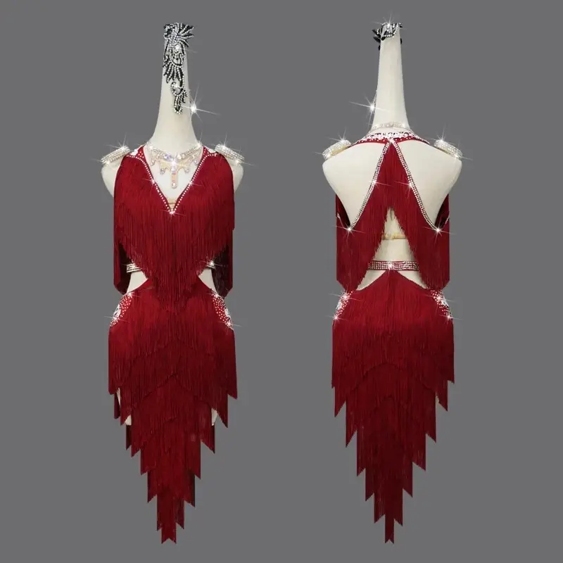 Red Latin Dance Fringe Short Skirt Competition Dress Sexy Clothes For Women Professional Ballroom Practice Wear Promotion Samba