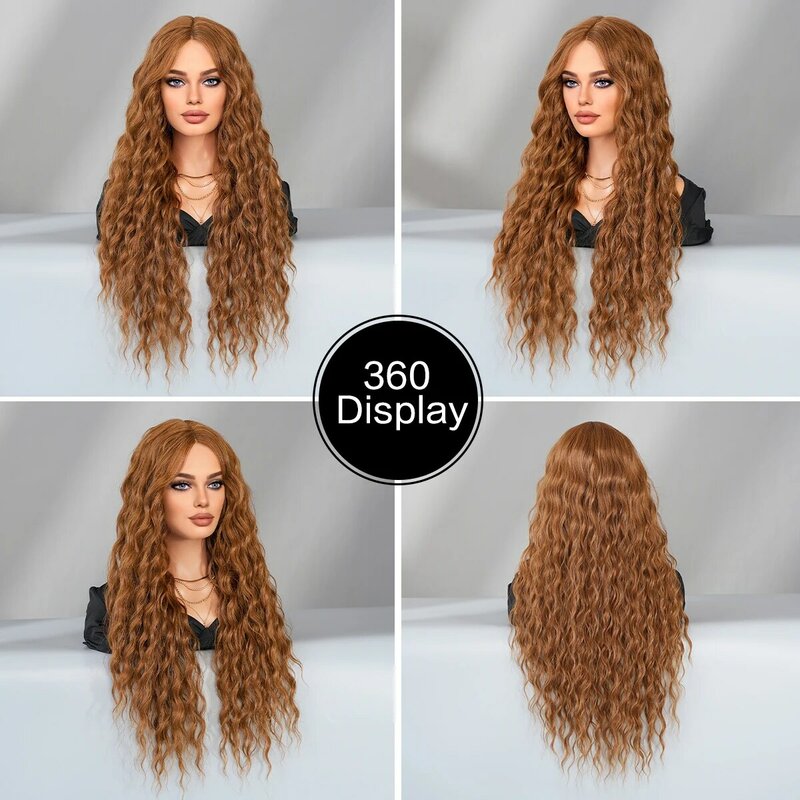 Synthetic Lace Frontal Wig Long Curly Wave Middle Part Brown Wigs for Women Fluffy High Density Pre Plucked T-Part HD Lace Wig