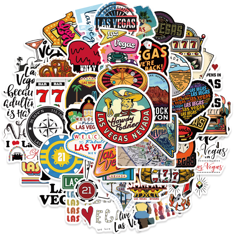 Vintage Las Vegas Cartoon Adesivos, Graffiti impermeável, DIY Decoração Da Etiqueta, Scarpbook, Skate, Computador portátil, Caderno, Diário, 50pcs
