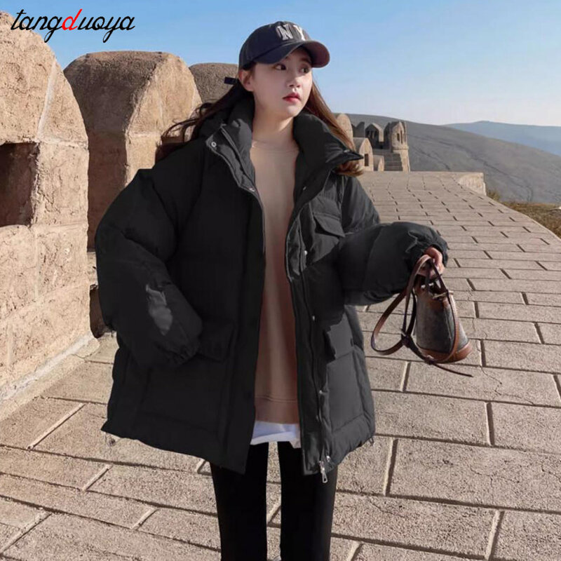 Jaket mantel katun wanita, jaket Luaran Wanita Mode hangat, pakaian roti longgar kasual musim dingin 2023