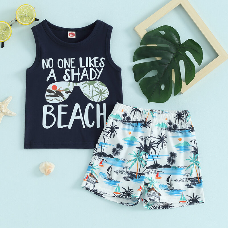 Conjunto de 2 piezas para bebé, camiseta sin mangas con estampado de letras y pantalones cortos elásticos para playa, ropa infantil de verano