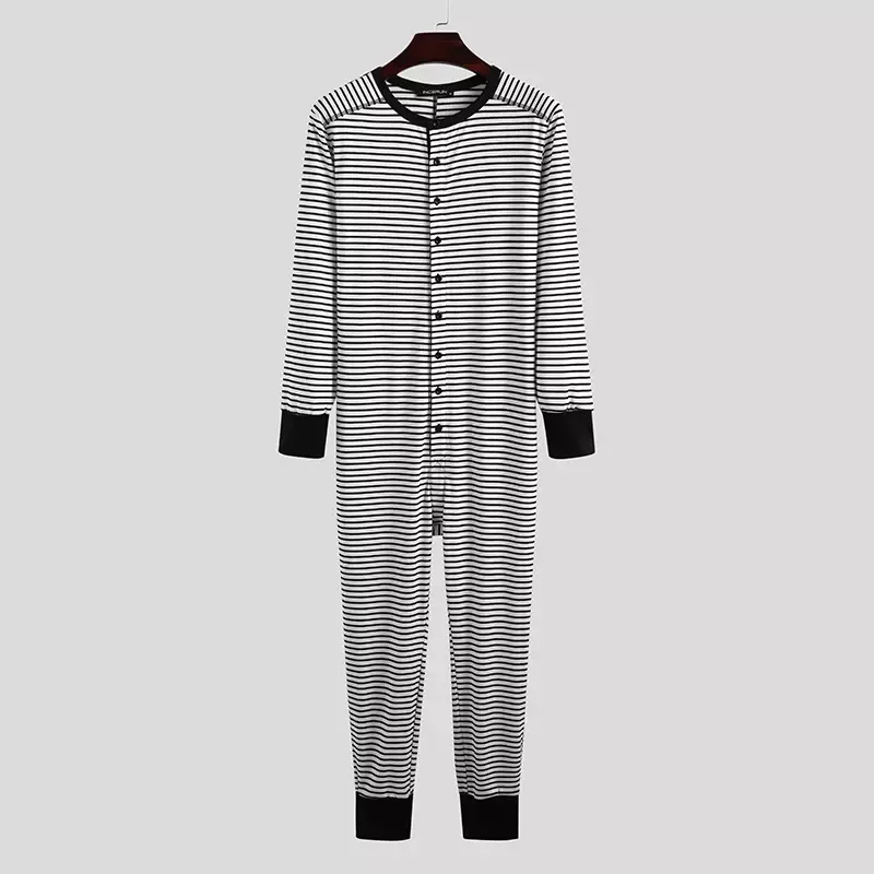 Heren Eendelige Pyjama Jumpsuit Man Gestreepte Lange Mouw Comfortabele Nachtkleding Nachtkleding Pyjama 'S Met Lange Mouwen