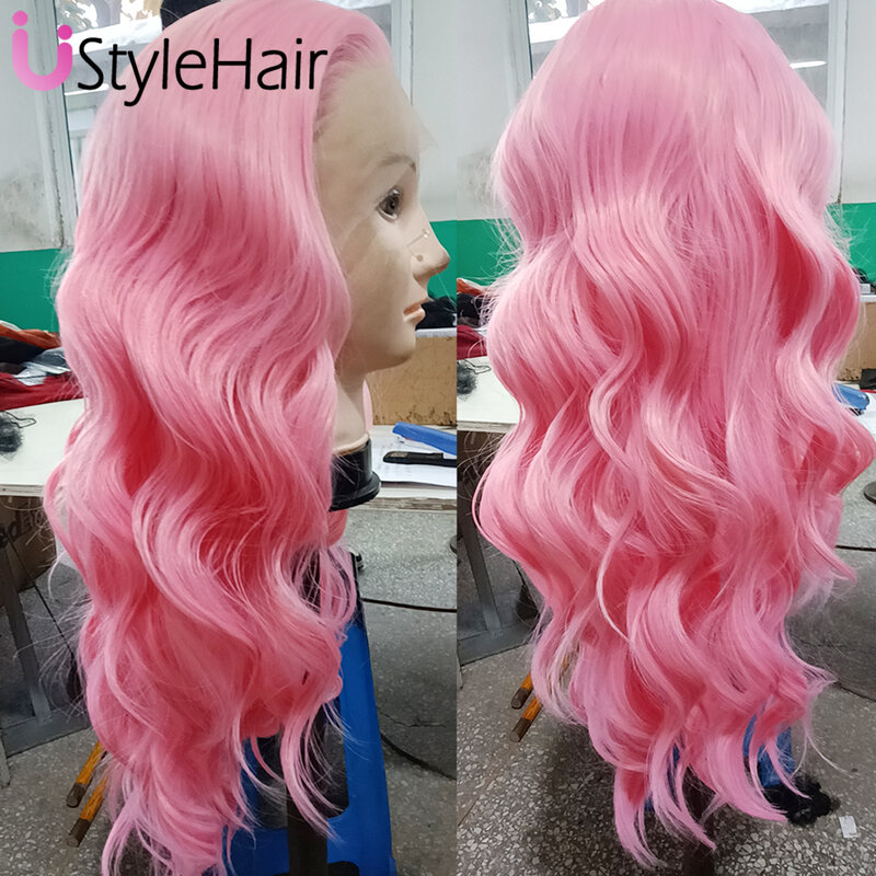 UStyleHair Pink Lace Wig Long Body Wave Wigs for Women Synthetic Lace Front Wig Natural Hairline Daily Use Cosplay Hair