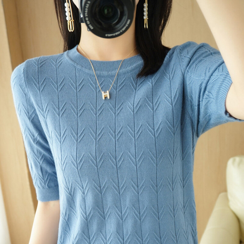 Novo jacquard manga curta camisola de malha de lã feminina verão em torno do pescoço pulôver curto solto camiseta inferior 2022 moda coreana
