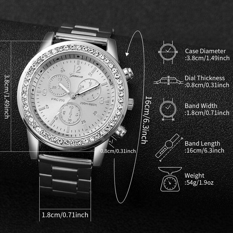 Reloj de cuarzo de acero inoxidable y cuentas plateadas para mujer, conjunto de joyería, Color plateado, moda