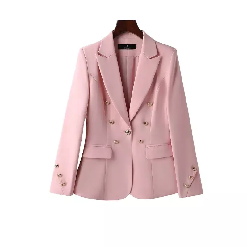 Mode Frauen weiß rosa schwarz Hosenanzug weibliche Knopf Dekoration Blazer und Hose 2 Stück Set für Büro Damen Arbeits kleidung