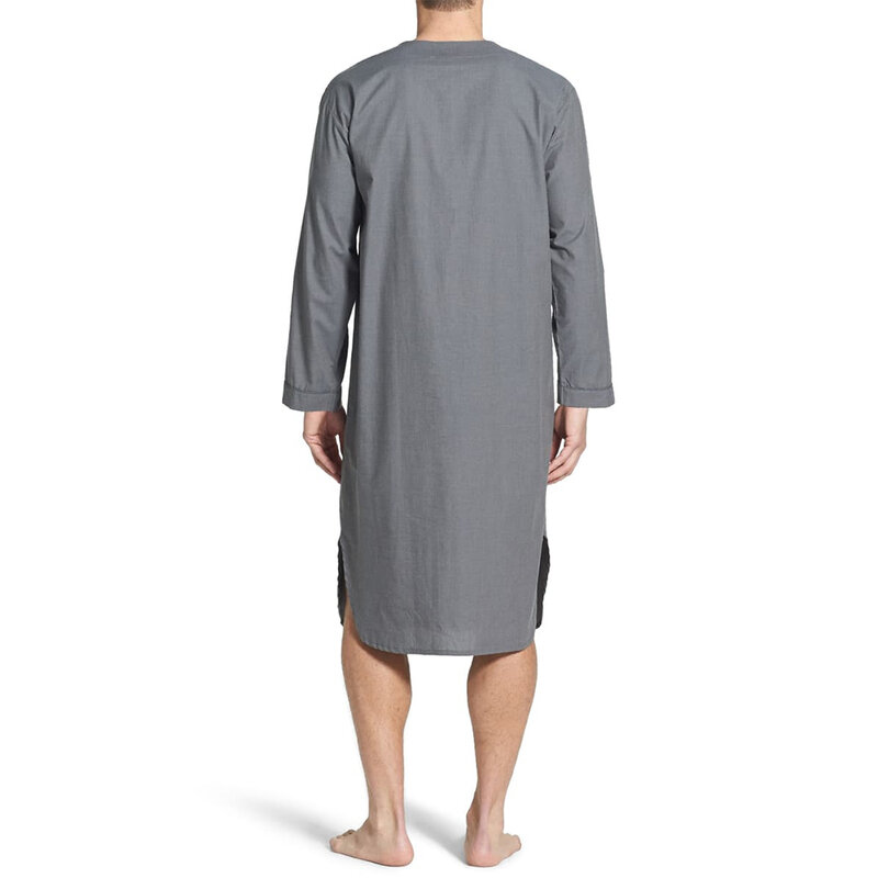 Men's Loose V Neck Long Sleeve Nightgown Pajamas, Lightweight Cotton Sleepwear Top Shirt, Light Blue/Gray, M 3XL