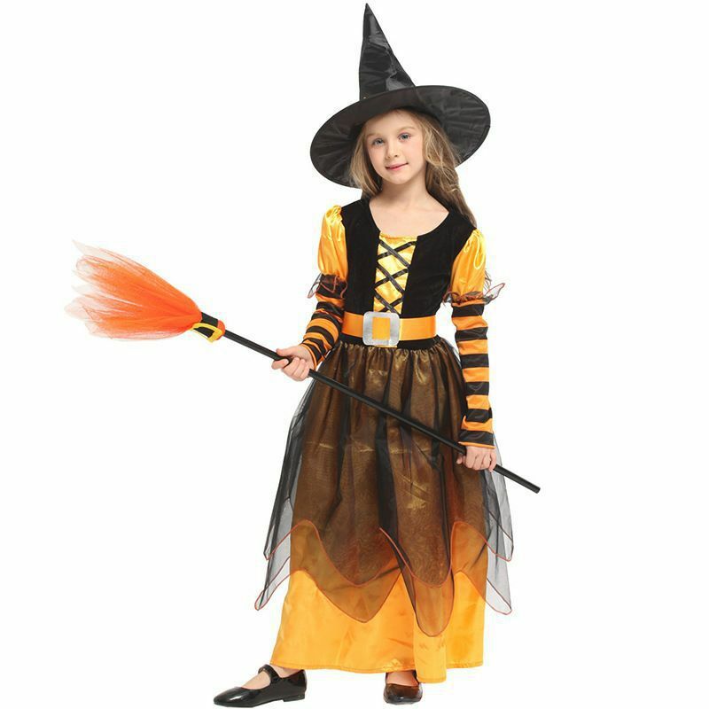 Disfraz de princesa de bruja con sombrero para niños, disfraz de actuación de bruja con bola de maquillaje, vestido de Cosplay para fiesta de Halloween