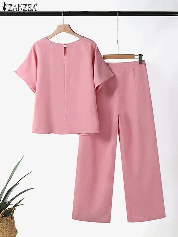 2024 Summer Women Pant Sets ZANZEA Vintage Suits Female Matching Sets Solid Short Sleeve Loose 2PCS Casual Oversized Blouses