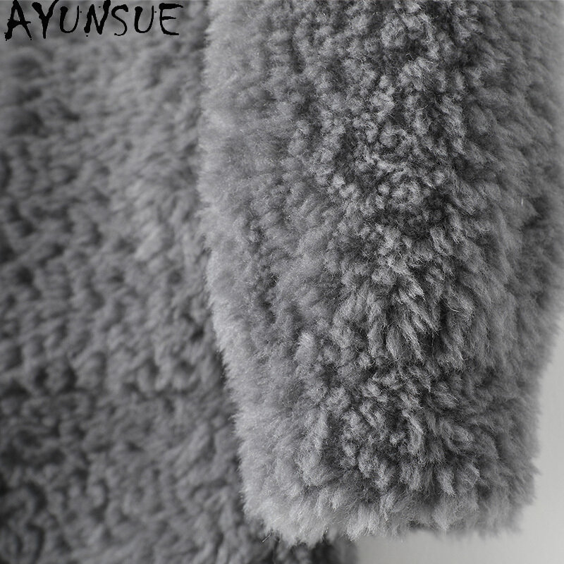 AYUNSUE 100% Wool Coats for Women 2023 Autumn Winter Elegant Mid-length Sheep Shearing Jacket Standing Collar Roupas Femininas