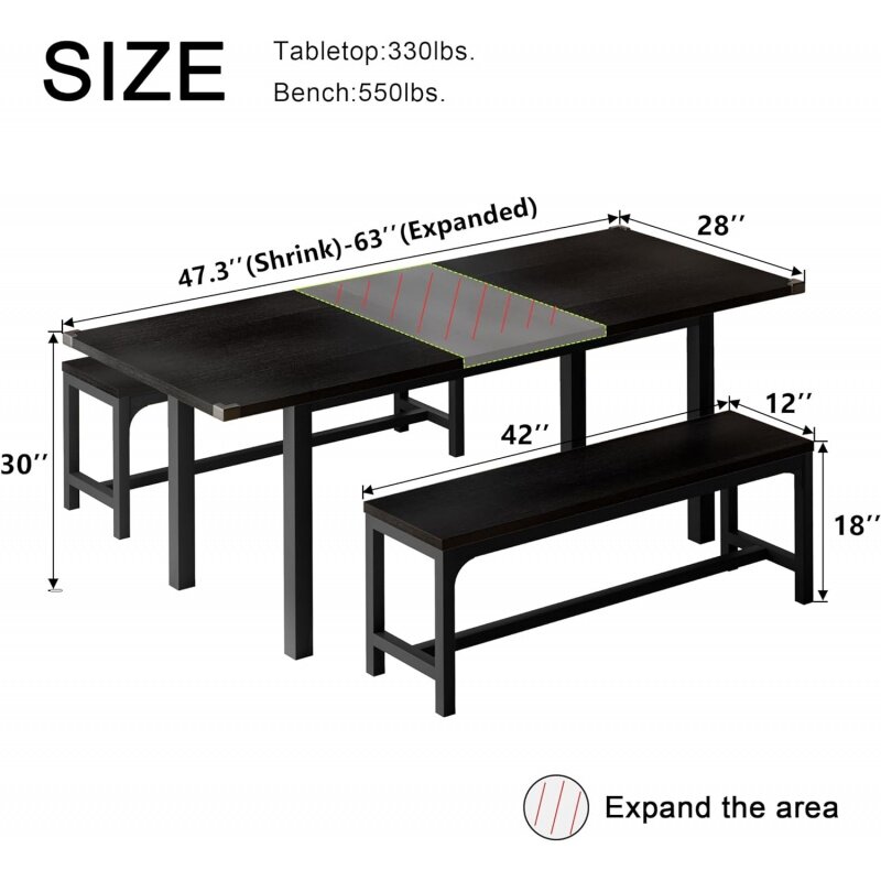 Feonase 63 "Dining Table Set for 4-6, Extendable Room with 2 Benches, 3 Pcs Kitchen Small Space, Easy Cle