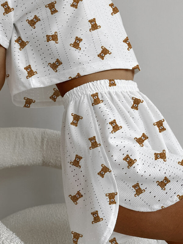 Marthaqiqi Printing Female Sleepwear 2 Piece Suit O-Neck Pajama Short Sleeve Nightie Crop Top Nightwear Shorts Casual Pyjama Set
