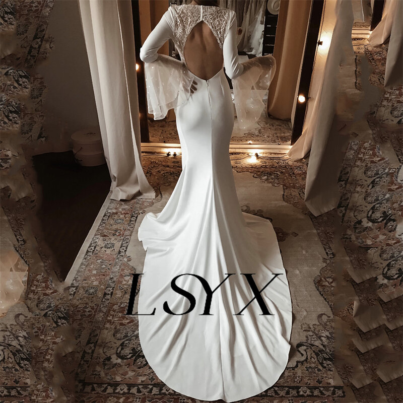 Женское свадебное платье-Русалка LSYX, с V-образным вырезом и длинными расклешенными рукавами, из крепа с бусинами, платье с вырезом на спине со шлейфом, индивидуальный пошив