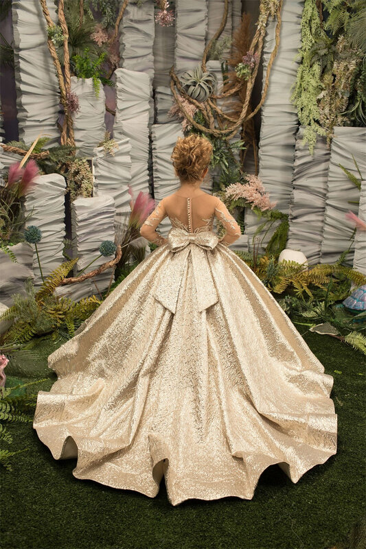 Vestido dourado da menina flor com manga longa fantasia, fofo, cinto, luxo, dama de honra, comemoração do aniversário, eucaristia