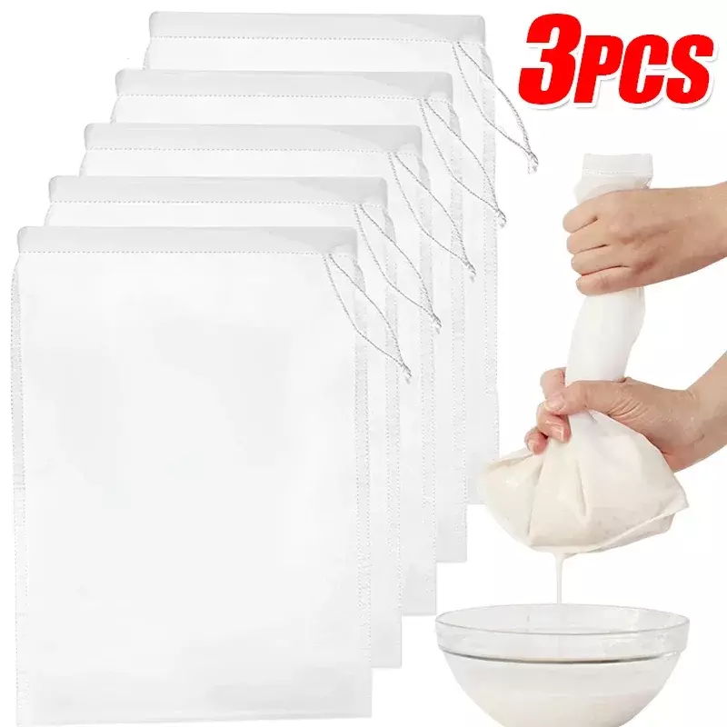 Bolsas reutilizables de nailon para filtro de leche, colador de malla con cordón para soja, yogur, té, cerveza, café, aceite y alimentos, 100