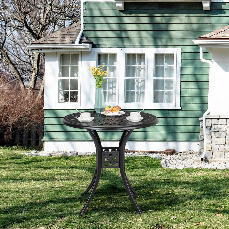 Cast Aluminum Round Outdoor Table Bistro Table with Umbrella Hole for Poolside Deck Porch Backyard Garden Balcony Kitchen Bar