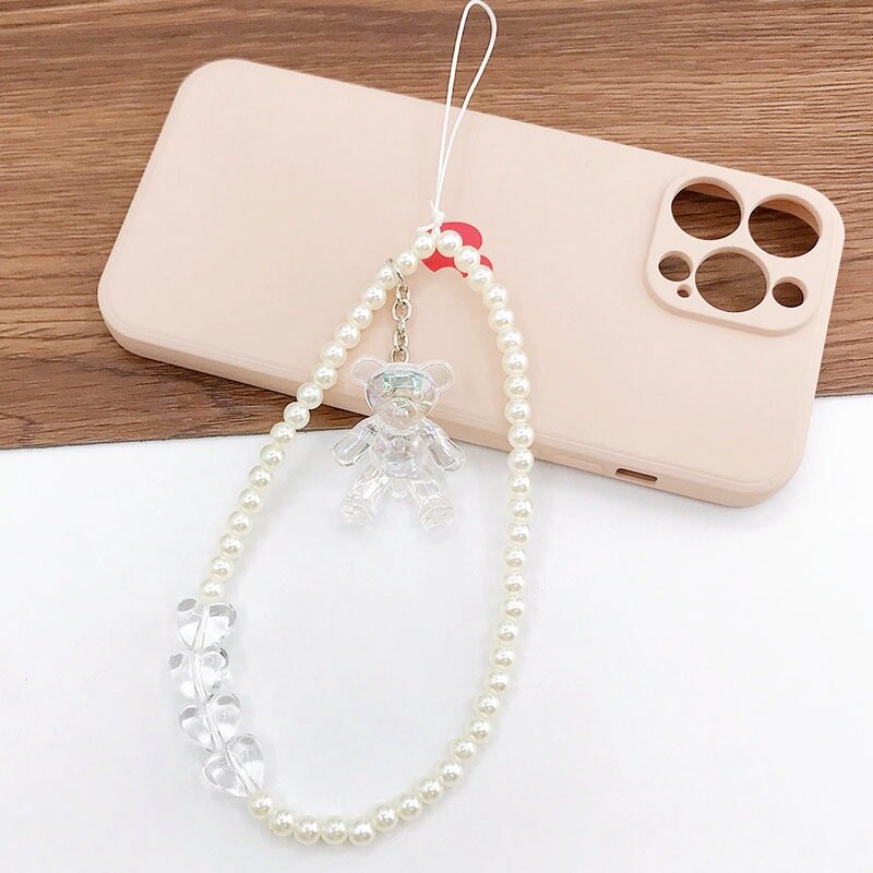 Fashion Acrylic Animal Mobile Phone Chain Women Girls Charm Sweet Pearl Beaded Telephone Lanyard Anti-Loss Phone Hanging Jewelry