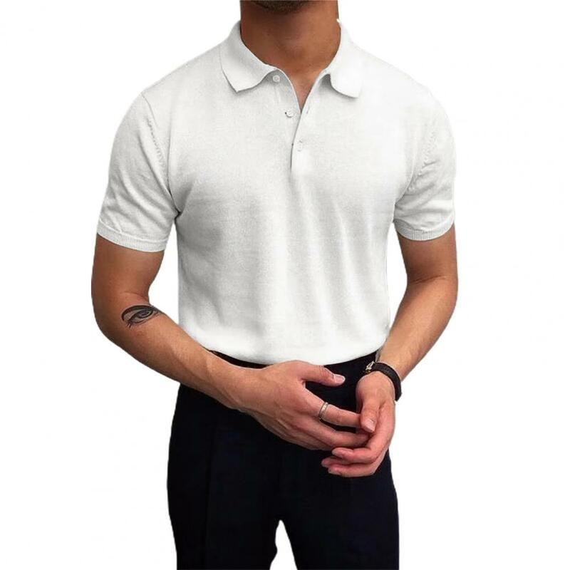 Men Shirt Turndown Collar Short Sleeve Solid Color Buttons Closure Knitting Dress Up Pullover Summer Men Lapel Shirt Daily Wear