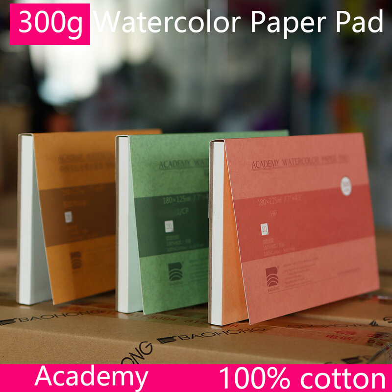 Baohong bantalan kertas cat air 300g Academy katun 100% warna timbal sketsa empat sisi segel lem 20 lembar/Salin 32k 16k 8k