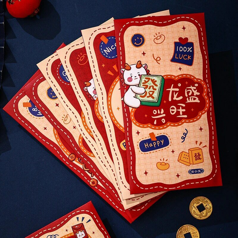 Ano novo chinês Envelopes vermelhos, festival da primavera, bolso do dinheiro da sorte, criativo hong bao, 6pcs