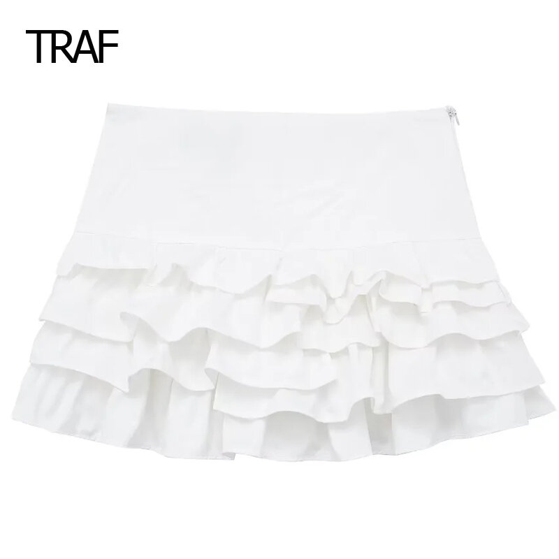 Traf-saia curta das mulheres, mini-saia, vermelho, branco, cintura alta, estilo coreano, combinar todos, verão, 2024