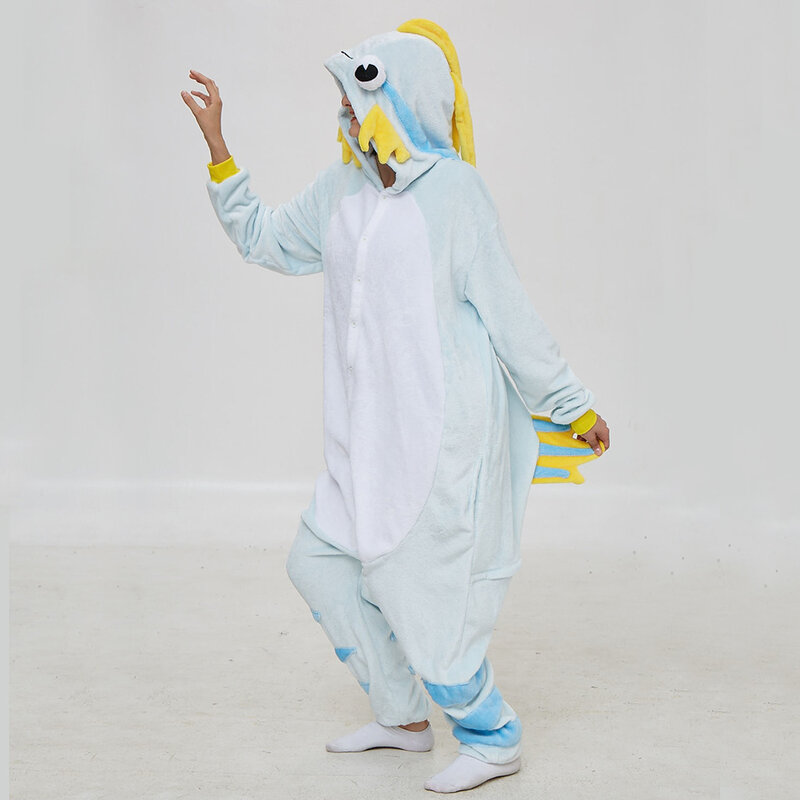 Unisex Winter One-Piece Cartoon Yellow Blue Carp Pajamas Polyester Warm Back Whisker Length To The Hip Feature Sleepwear Cosplay