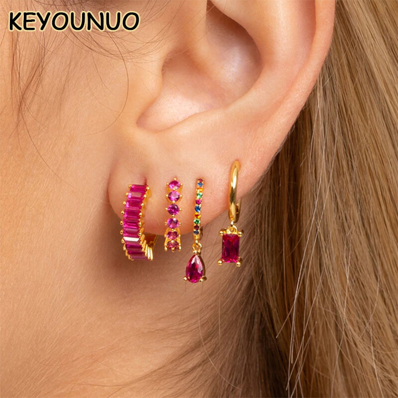 KEYOUNUO Gold Filled Stud Earrings Set For Women Ear Cuffs Colorful Zircon Dangle Hoop Earrings Fashion Party Jewelry Wholesale