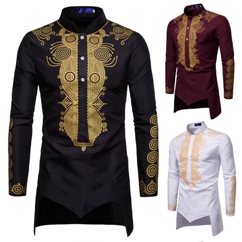男性用エスニックスタイルプルオーバー,シンプルでカジュアルなロングシャツ,ゴールドのプリント,スリムフィット
