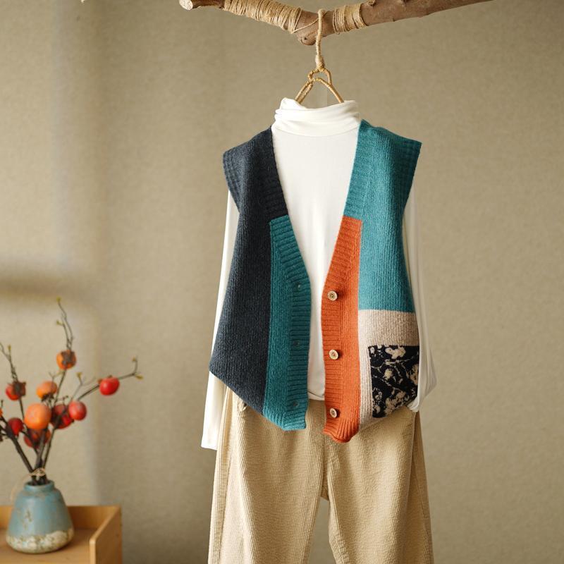 Herbst Frauen Getäfelten Vintage Pullover Weste Taste Strickjacken Strick Mode Sleeveless V-ausschnitt Lose Beiläufige Pullover Mäntel 2022