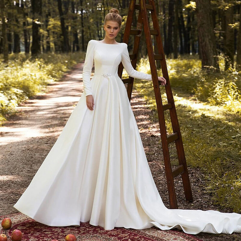 클래식 새틴 웨딩 드레스 A 라인 긴 소매 신부 가운, 여성을 위한 우아한 신부 가운, 맞춤 제작 로브 드 마리에 2023
