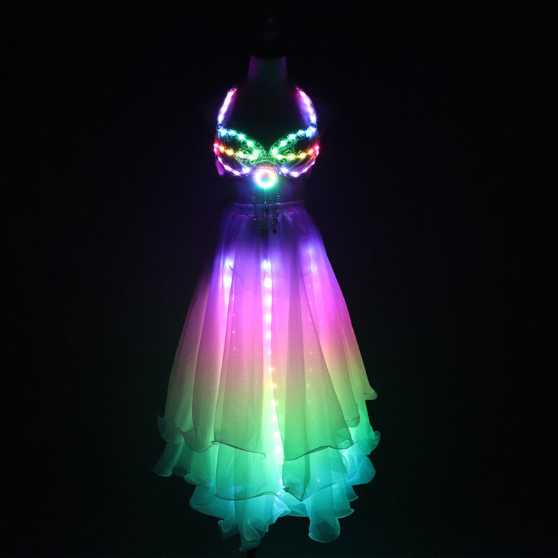 LED 컬러 조명 여성 밸리 댄스 스플릿 스커트 섹시한 전문 Bellydance 훈련 옷 댄스 의상