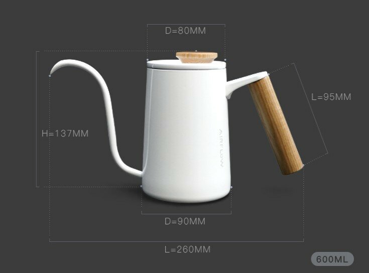 Hervidor de café de boca larga con boquilla, nuevo diseño, 350ml, 600ml, mango de acero inoxidable, cafetera de goteo con tapa