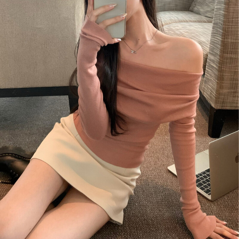 Solid Pullovers Women Spring Girls Simple Pleated Korean Fashion Off Shoulder Skinny Designed All-match Causal Temperament Chic