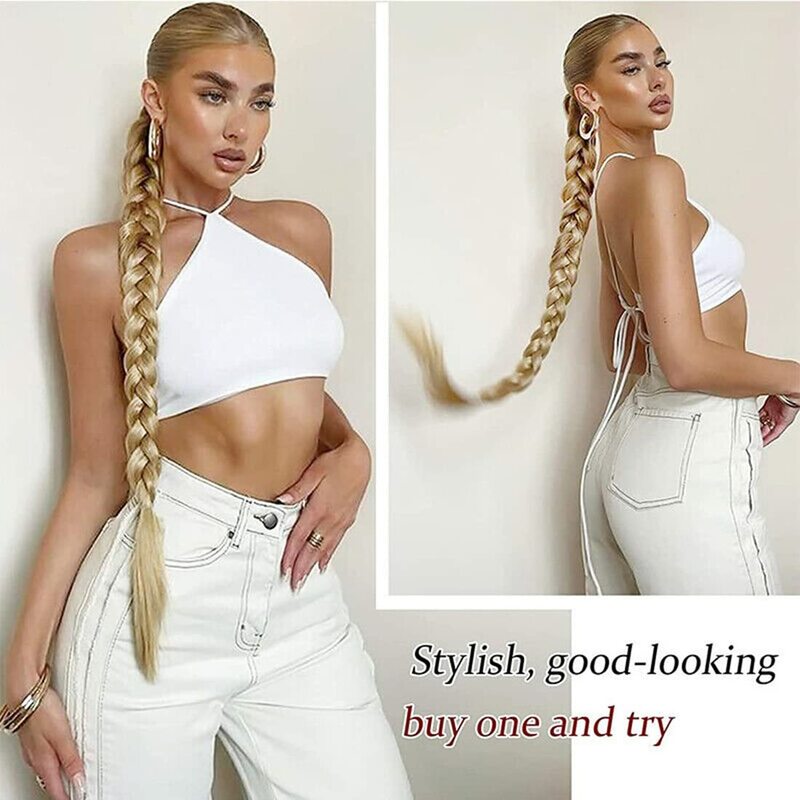 34" Extra Long Ponytail With Hair Tie Synthetic Braid Ponytail Extension Natural Black Hair Straight Fake Hair DIY Braided