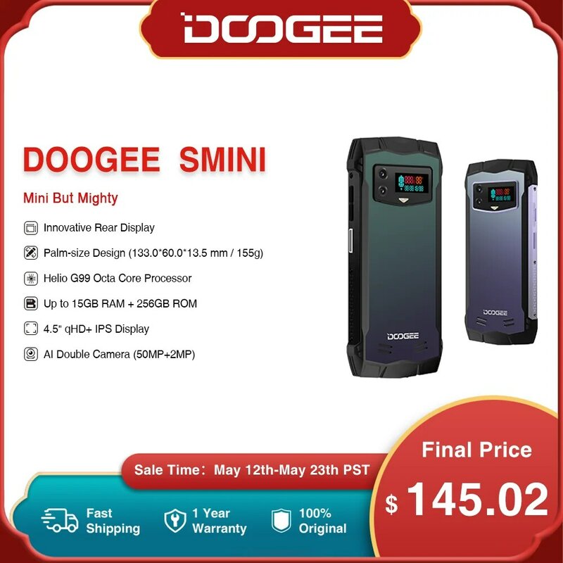 DOOGEE Smini 4.5 "wyświetlacz qHD 50MP kamera Helio G99 8GB + 7GB rozszerzony RAM + 256GB ROM innowacyjny tylny wyświetlacz 3000mAh 18W ładowaniu