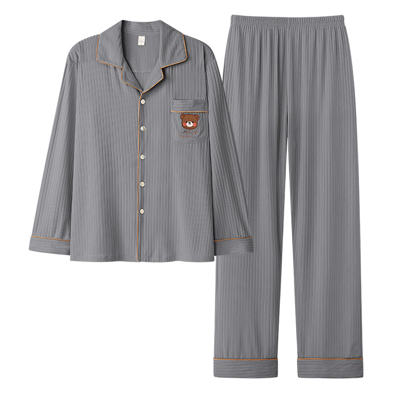 Conjuntos de pijama cardigan dos homens bonito dos desenhos animados urso pijamas homens sleepwear malha estilo camisola casa masculina macio acolhedor modal dormir wear