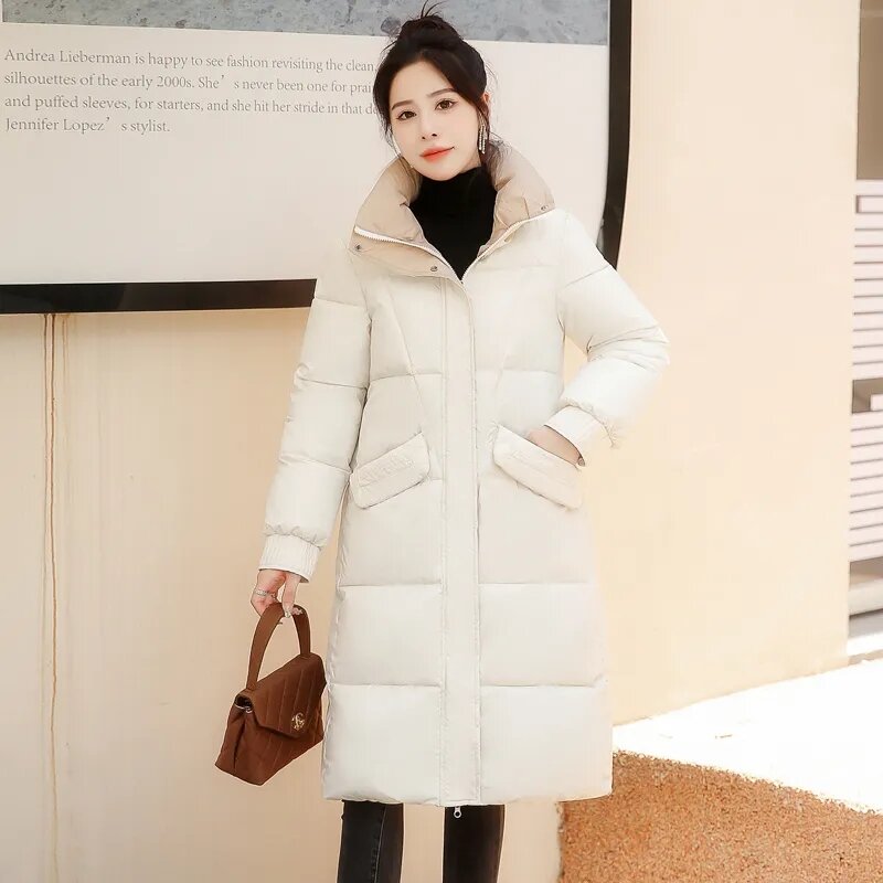 Para baixo algodão jaqueta feminina 2022 inverno nova moda coreana fino grosso acolchoado casaco feminino tamanho grande longo sobre o joelho com capuz parkas