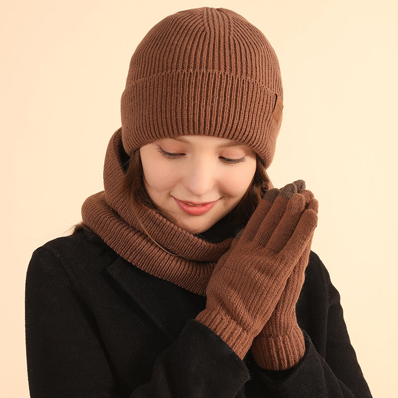 Padded Touch Screen Hat Scarf Gloves three-piece Men Women Winter Outdoor Warm Cold Thickened Windproof Knit Cap