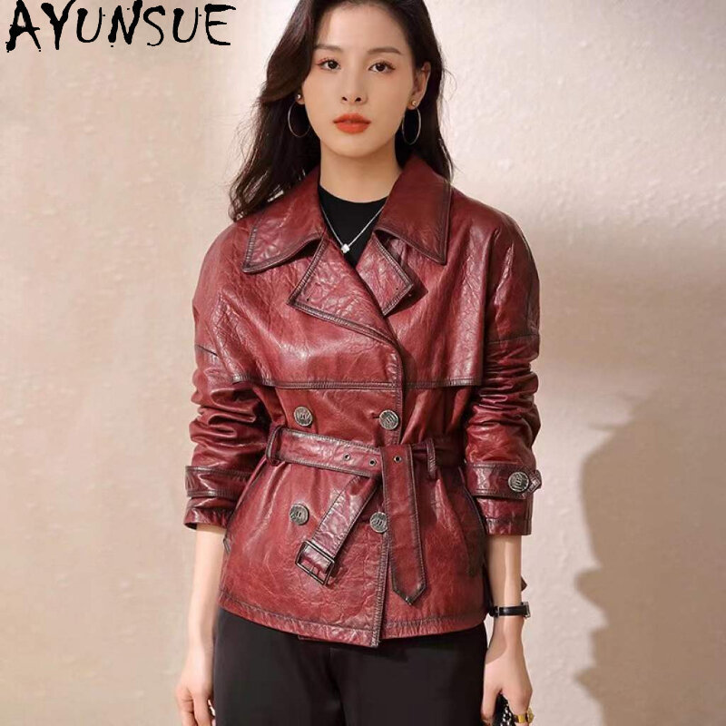 AYUNSUE-abrigo de piel de oveja auténtica para mujer, chaqueta elegante de piel auténtica de alta calidad con doble botonadura, prendas de vestir con cinturón, 100%