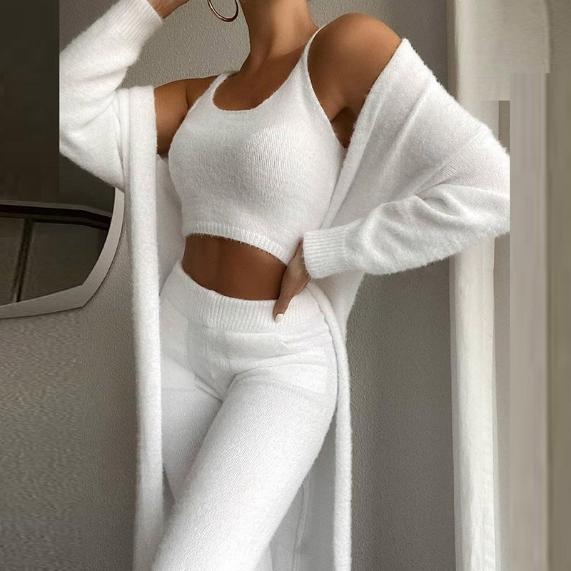 2022 Autumn Winter Soft Fluffy Three Piece Sets Women Sexy Off Shoulder Crop Tops And Long Pants Homesuit Casual Ladies 3 Piece