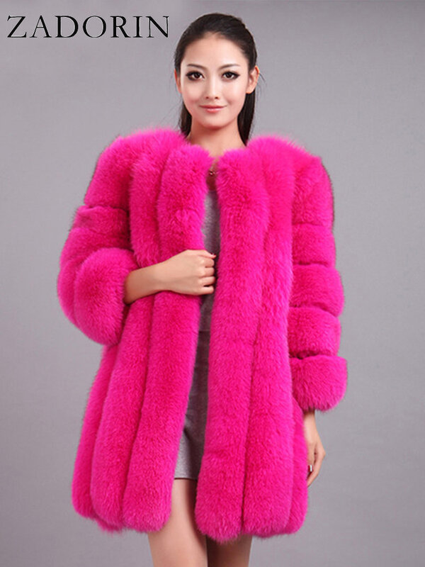 ZADORIN-abrigo de piel sintética de zorro para mujer, Chaqueta larga ajustada de piel sintética, color rosa, rojo y azul, de lujo, para invierno, S-4XL